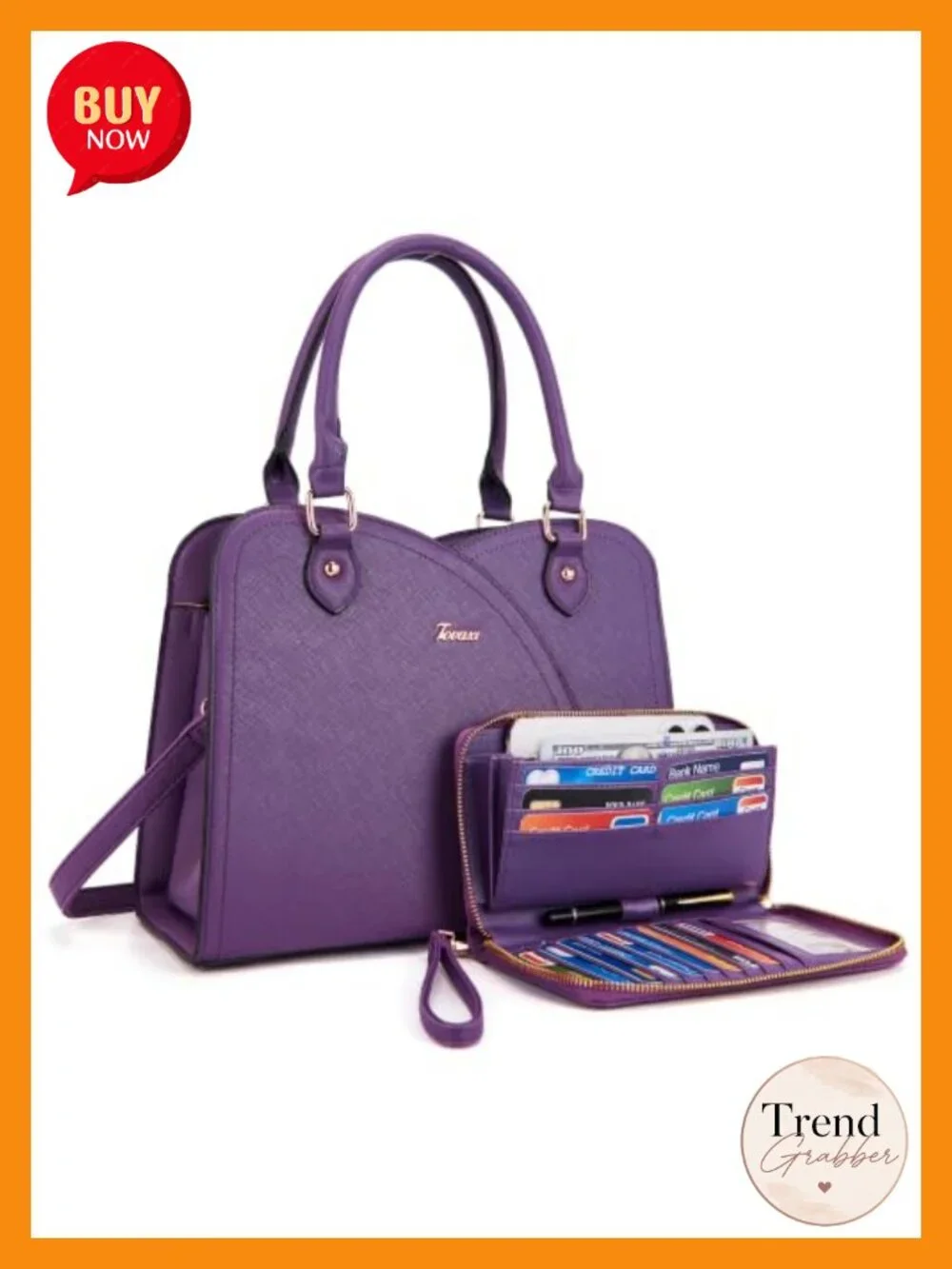 Satchel Handbag & Wallet Set 2pcs, Faux Leather, Gold-Tone Hardware, Adjustable